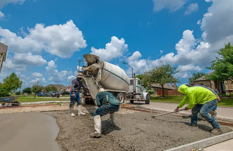 Workers placing fresh concrete behind a mixer truck